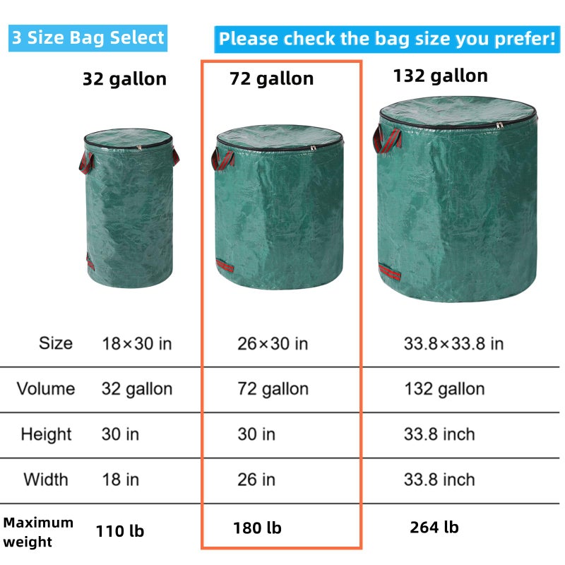 Pilntons 2 Pack 72 Gallons Reusable Garden Waste Bags with Lid Lawn and Leaf Bags Heavy duty Reinforced 4 Handles Yard Waste Bags Container for Clean Up Outdoor Debris Leaves Grass Clippings - Image 2